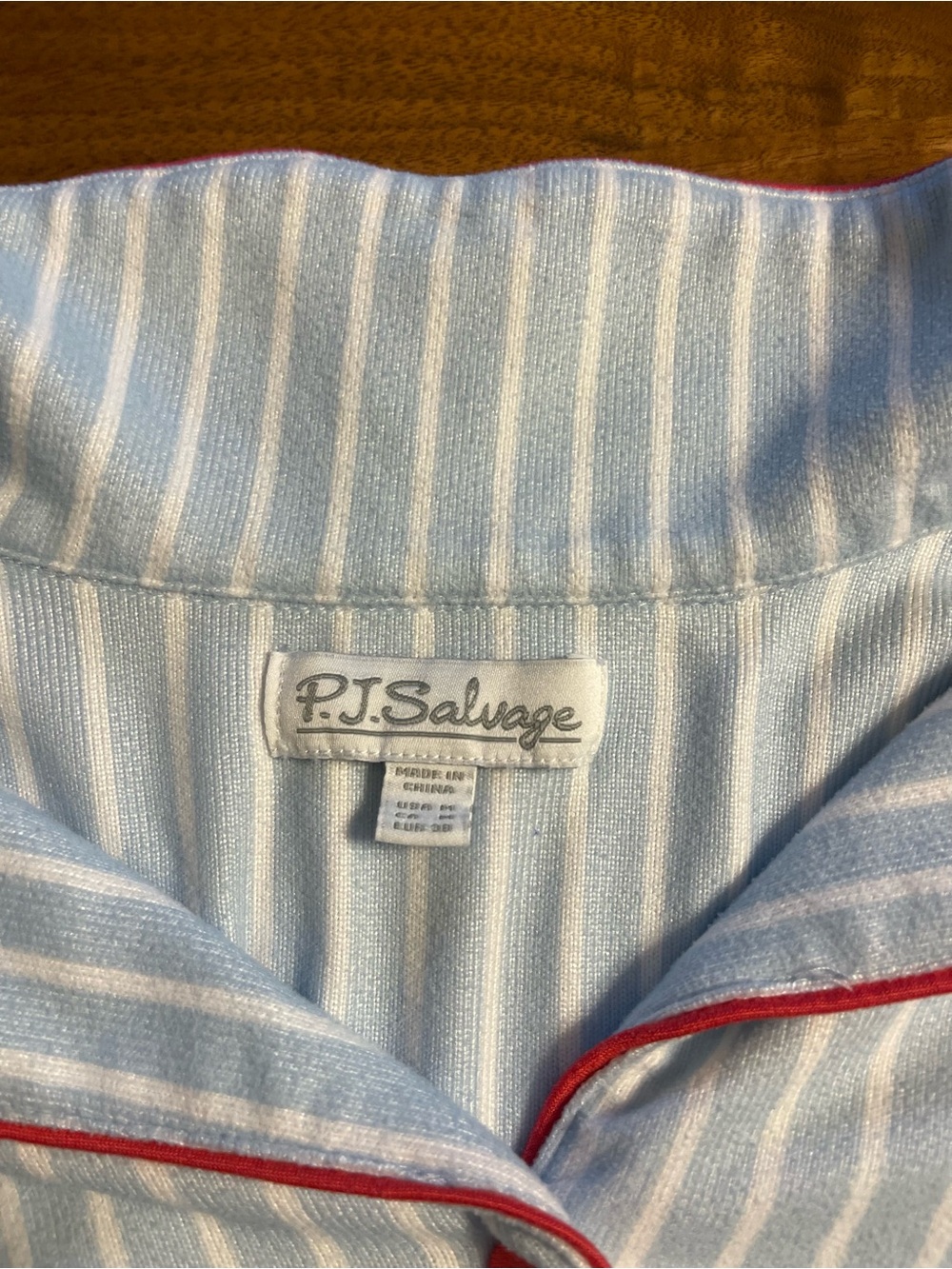 P.J. Salvage Light Blue and White Striped Pajama Set with Red Trim - Picture 6 of 15